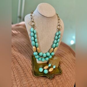 Chunky Link Statement Necklace & Matching Earring Set: Boho Gold + Aqua & Wood